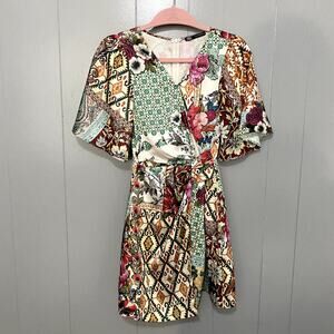 Zara Green Printed Patchwork Satin Short Sleeve Faux Wrap Mini Summer Dress XS